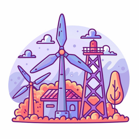 Wind turbines, tower, house illustration with nature elementsのイラスト素材
