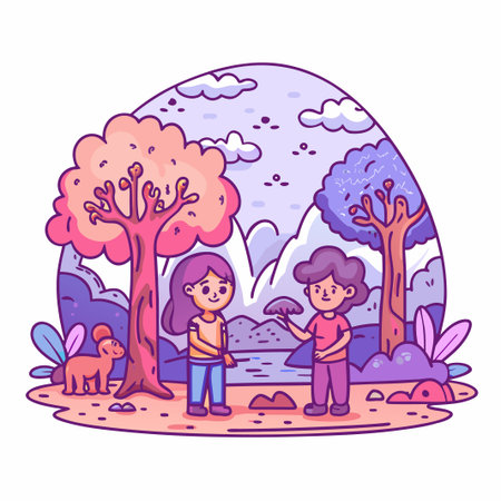 Cartoon scene with figures, dog, trees, &amp; scenic backdropのイラスト素材