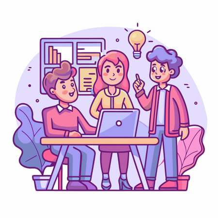 Team brainstorms together with a bright idea lightbulb aboveのイラスト素材