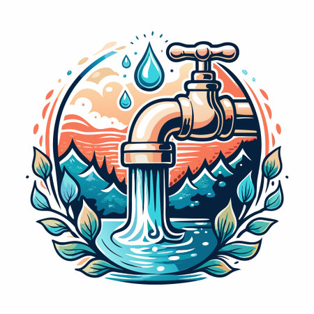 Water tap dispenses fresh water into lake in nature sceneのイラスト素材