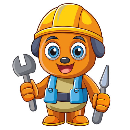 Cute cartoon dog construction worker holding toolsのイラスト素材