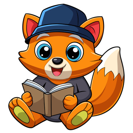 Fox cartoon reading book, wearing hat and coat, friendly expressionのイラスト素材
