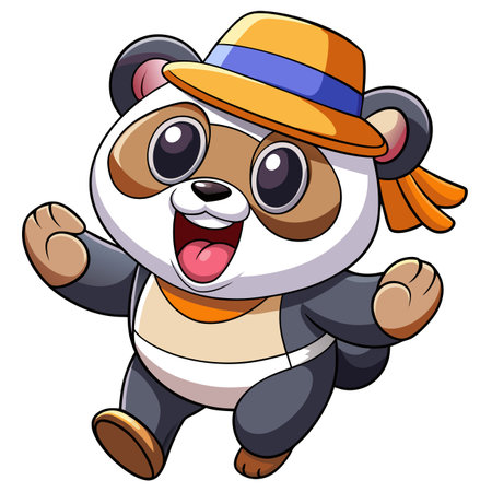 Cartoon panda with hat, smiling. Orange scarf. Vector image. Simple backgroundのイラスト素材