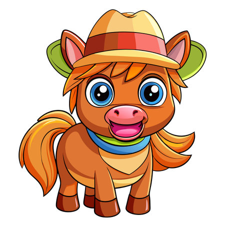 Cute cartoon horse wearing a hat and bandana, bright and cheerful illustrationのイラスト素材