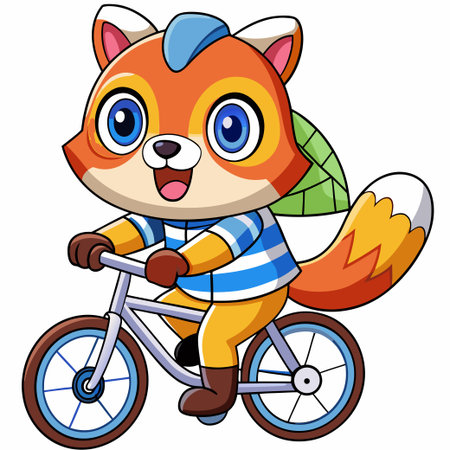 Cartoon fox with blue hair rides bicycle, sporting striped shirt and leafのイラスト素材