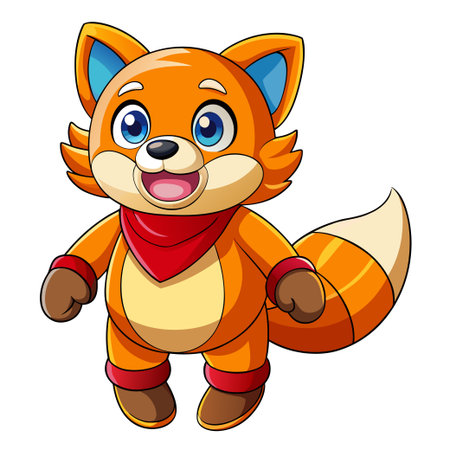 Cartoon fox with red bandana, smiling expression, orange and beige fur colorのイラスト素材