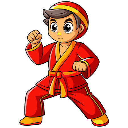 Cartoon boy ready to fight in a red martial arts uniform with a determined expressionのイラスト素材
