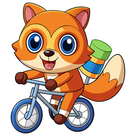 Animated fox rides a bicycle, tail is luggage carrier with cylinder objectのイラスト素材