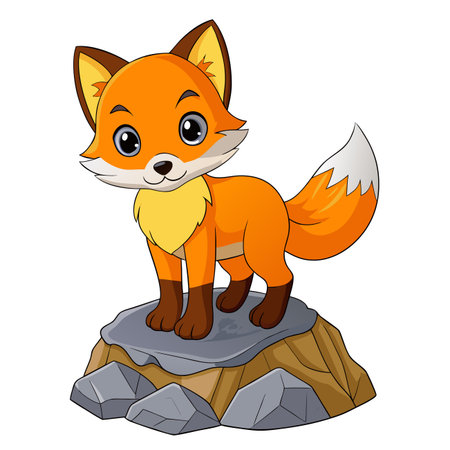 Cartoon fox stands on rocks, small and friendly, with vibrant orange and brown colorsのイラスト素材