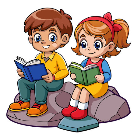 Kids reading books together while sitting on rocks, smilingのイラスト素材