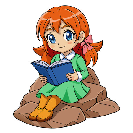 Cartoon girl reads, sitting on rocks, wearing green dress, bows in hairのイラスト素材