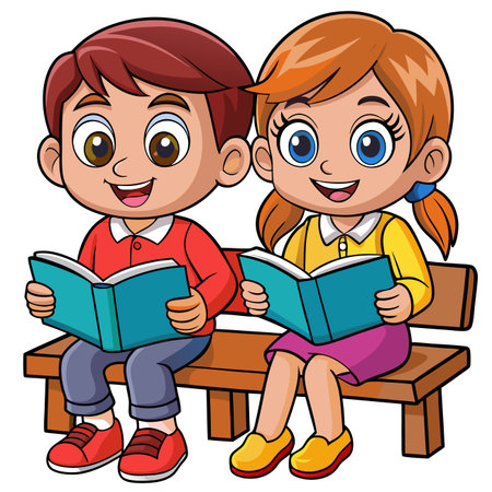Cartoon kids reading books while seated together on a wooden benchのイラスト素材