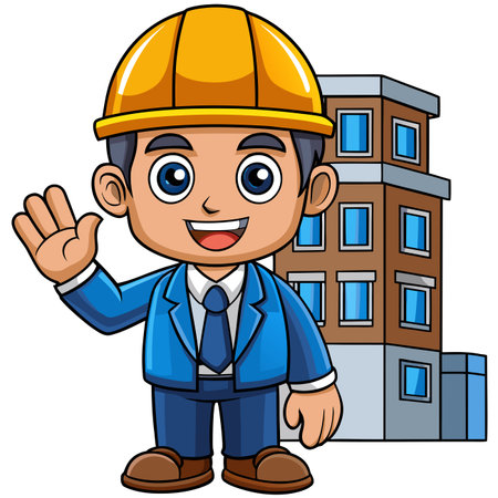 Cartoon engineer in hardhat waves with building background. Vector illustrationのイラスト素材