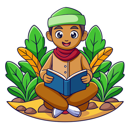 Boy sitting, reading book outside surrounded by foliage, wearing a hat and scarfのイラスト素材