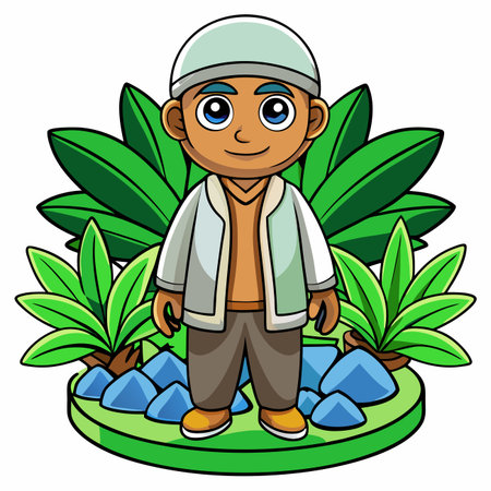 Cartoon man in traditional clothing, standing on platform, surrounded by plant lifeのイラスト素材