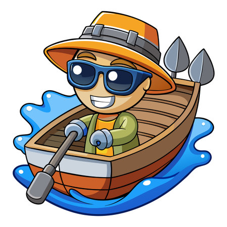 Cartoon man smiles while boating on wavy water, wearing hat and sunglassesのイラスト素材