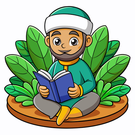 Cartoon man reading a book, cross-legged, on a platform with leafy backdropのイラスト素材