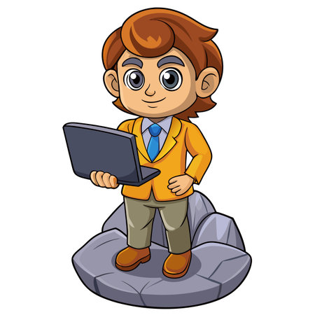 Cartoon man in business attire standing on rock, holding a laptop, smiling subtlyのイラスト素材