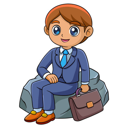 Cartoon man in suit sits on rock, holding briefcase. Cheerful, simplified styleのイラスト素材