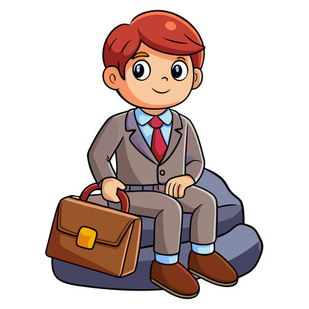 Cartoon businessman with briefcase sitting on rock smiling, dressed in suit, vector artのイラスト素材