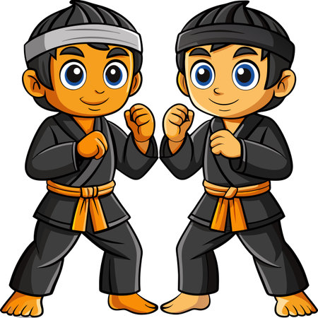 Two cartoon martial artists in black uniforms & headbands ready for actionのイラスト素材