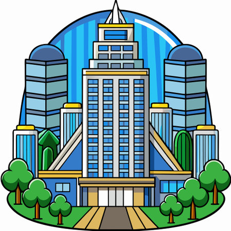 Modern city skyline view with tall buildings, trees, and vibrant blue backgroundのイラスト素材