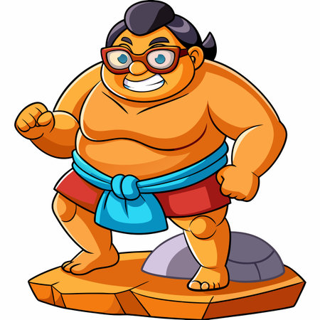 Cartoon muscular man with glasses, hair bun, and cloth belt on rock platformのイラスト素材