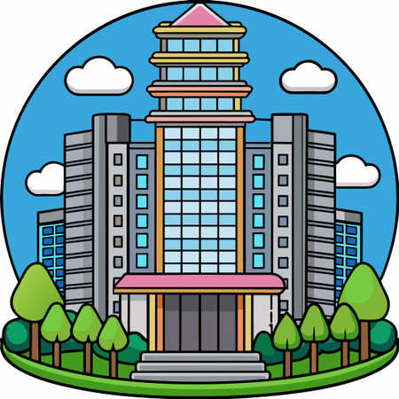 Tall buildings with trees, sky, and clouds in a cartoon style illustrationのイラスト素材
