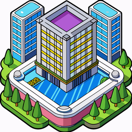 Isometric buildings with colorful design, surrounded by greenery and a plazaのイラスト素材
