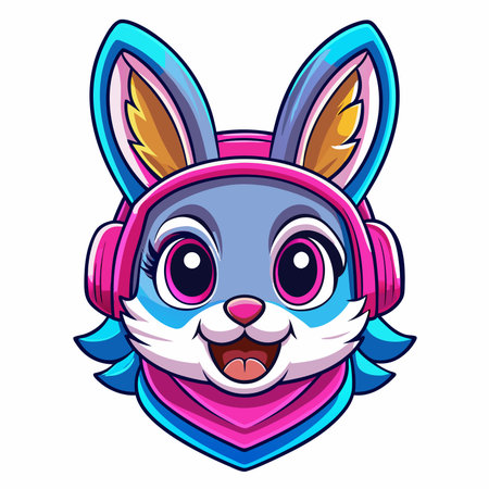 Cartoon rabbit character with pink headset and scarf, blue and white furのイラスト素材