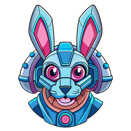 Futuristic bunny robot head. Sci-fi rabbit with pink eyes and metallic detailsのイラスト素材