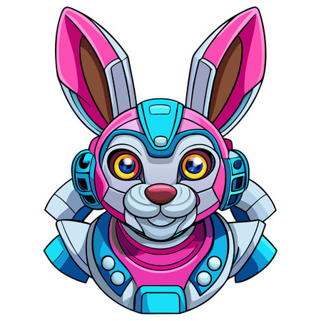 Robotic rabbit portrait. Pink, blue, grey, brown colors, intricate detailsのイラスト素材