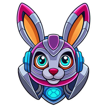 Robotic rabbit head with headphones, in vibrant colors and outlined in thick blackのイラスト素材