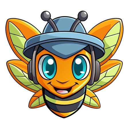 Cartoon bee wearing a futuristic helmet with large eyes and a friendly smileのイラスト素材