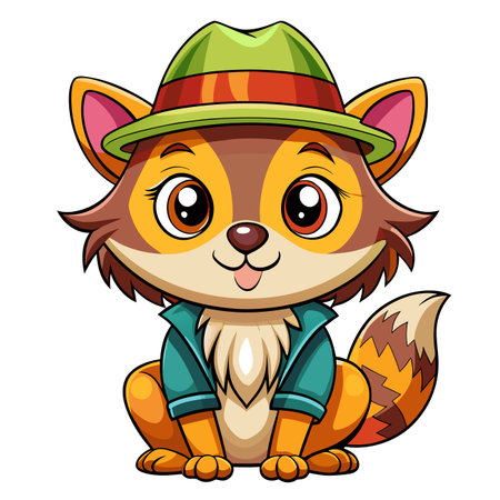 Cute fox wearing hat and jacket, cartoon style with big eyes, sitting and smilingのイラスト素材