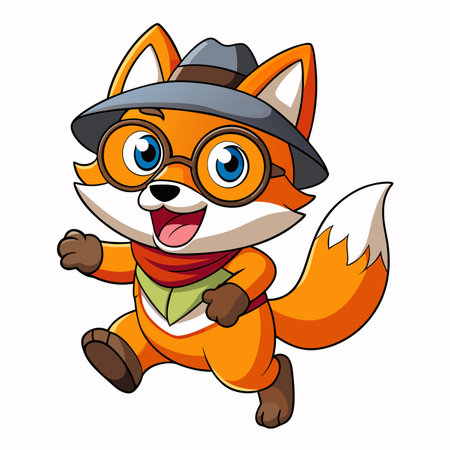 Cartoon fox character running with hat, glasses and scarf. Cute!のイラスト素材