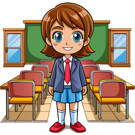 Cartoon schoolgirl in classroom setting with desks and chalkboard backgroundのイラスト素材