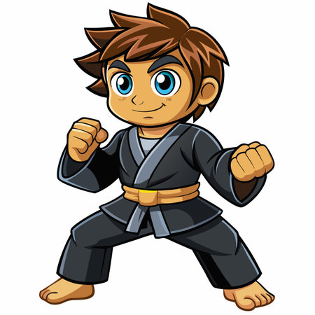 Karate kid, black belt, brown hair, blue eyes, confident stance, vector illustrationのイラスト素材