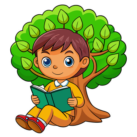 Boy reading a book, seated happily under a big tree with bright green leavesのイラスト素材