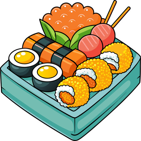 Colorful cartoon sushi plate with maki, nigiri, and roe. Chopsticksのイラスト素材