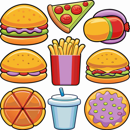 Cartoon Varied fast food icons; burger, pizza, fries, drink, donut, more snacksのイラスト素材