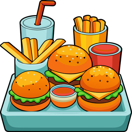 Cartoon tray full of burgers, fries, soda, and dipping sauce illustrationのイラスト素材