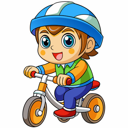 Cartoon boy rides bicycle, smiles wearing a blue helmet and colorful clothingのイラスト素材