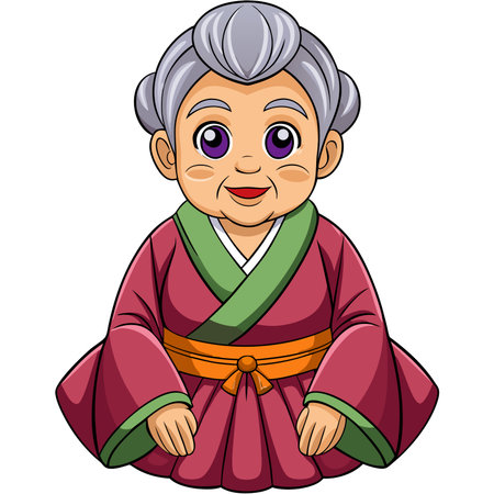 Cartoon of a kind-looking older woman with purple eyes in traditional clothingのイラスト素材