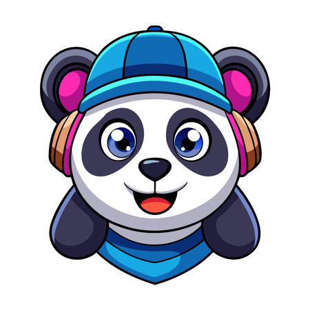Cartoon panda wearing hat and headphones, smiling, in blue and pink colorsのイラスト素材