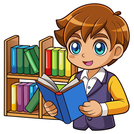 Cartoon boy reading book by bookshelf filled with colorful booksのイラスト素材