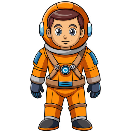 Cartoon astronaut. Person in orange spacesuit with helmet stands isolated on whiteのイラスト素材
