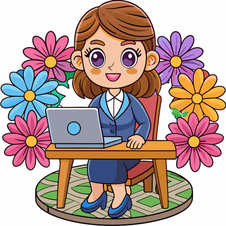 Woman working on a laptop at a desk surrounded by flowers, cartoon styleのイラスト素材