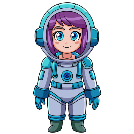 Astronaut girl with violet hair in spacesuit standing happilyのイラスト素材