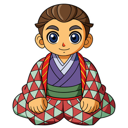 Cartoon boy in traditional garb sits in formal position, smiling pleasantlyのイラスト素材